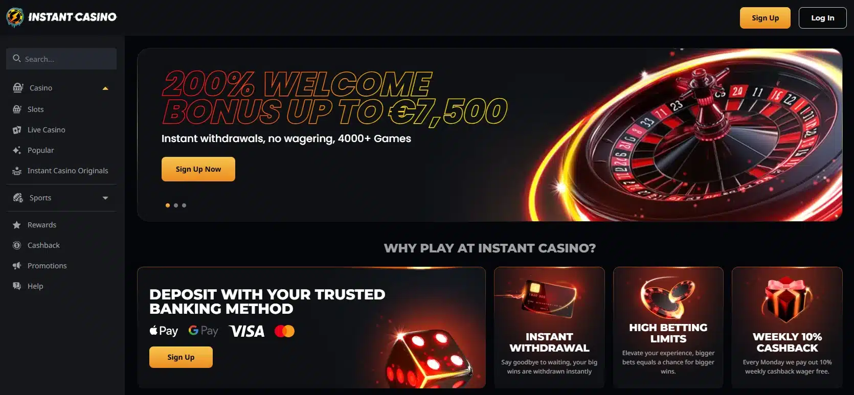 Instant casino frontpage with 200% welcome bonus and instant crypto withdrawals
